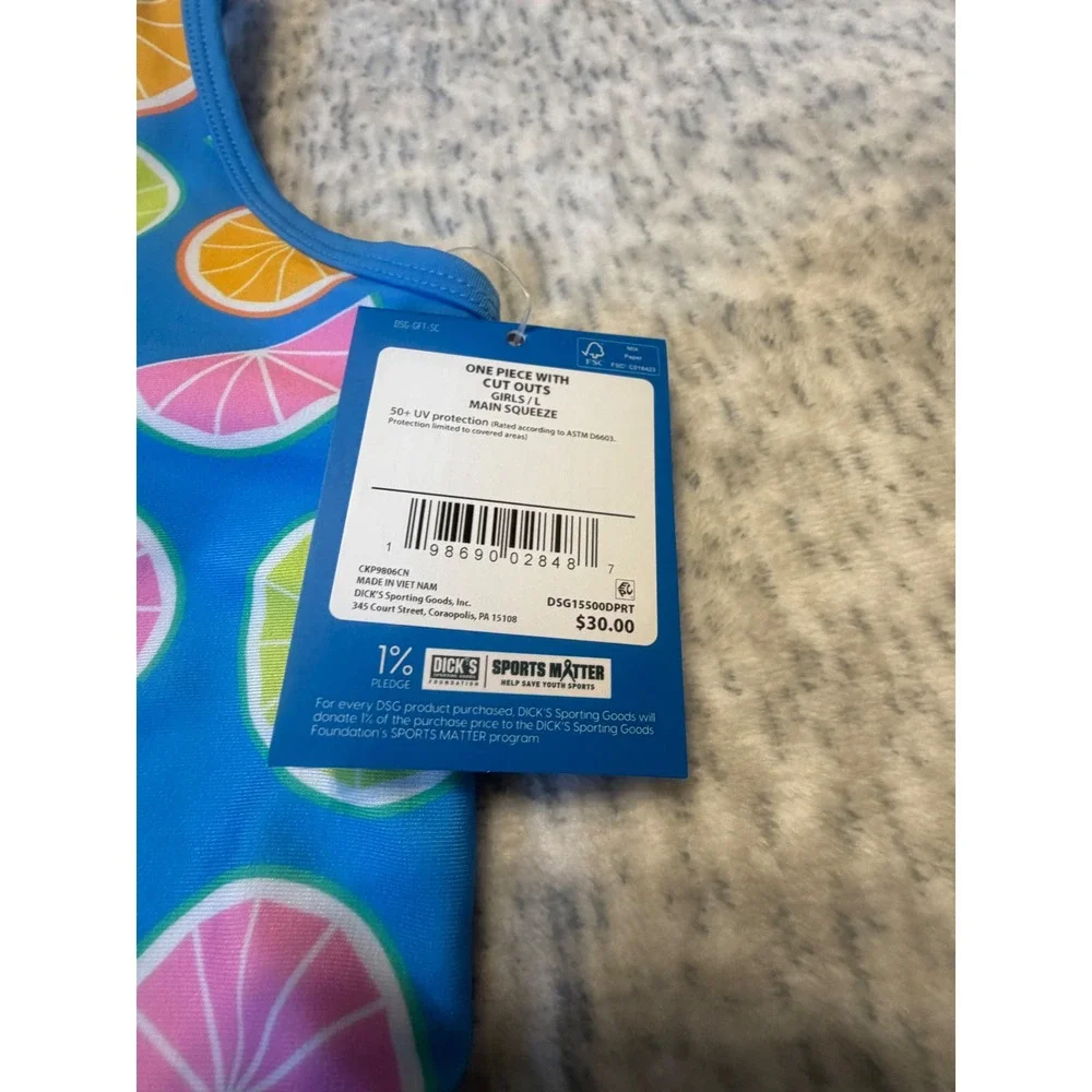 DSG Girls One Piece‎ Swimsuit Cut Outs Citrus Blue Size L Main squeeze nwt